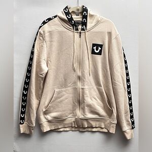 True Religion Cream Full Zip Hoodie with Black Taping Logo Details XL